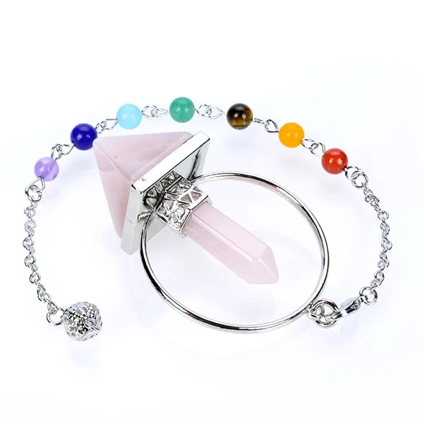 Pink Crystal Новая мода, 1 шт., натуральный камень, роза, кварца, Граненый Конус, треугольник, пирамида, цепь, дюбинг, исцеляющий маятник с чакрами, с цепочками из бисера - Окраска металла: Pink Crystal