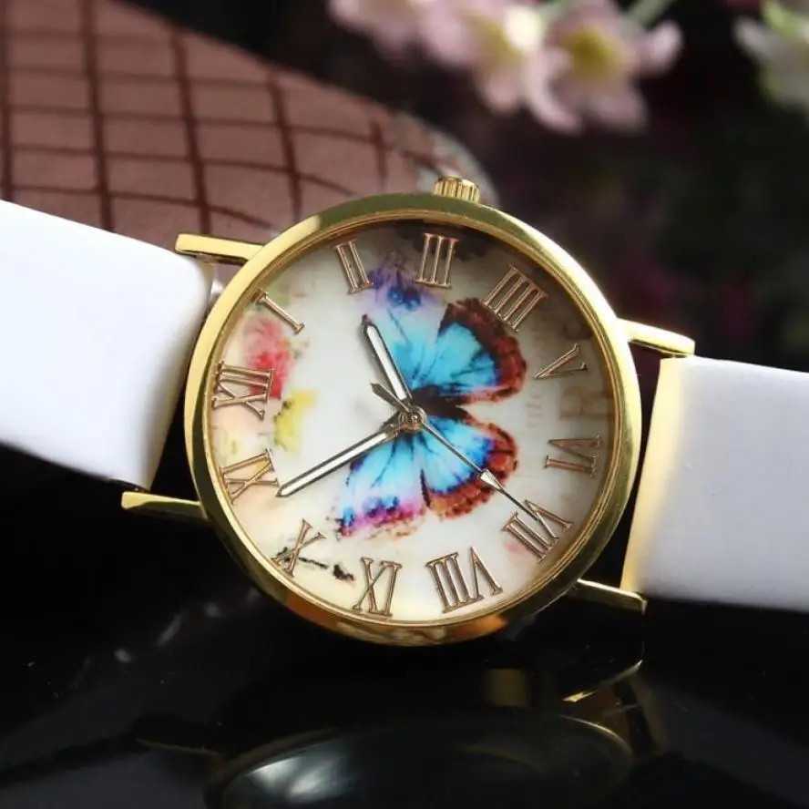 

The latest women's fashion butterfly PU leather strap quartz movement watch stainless steel round analog watch #W