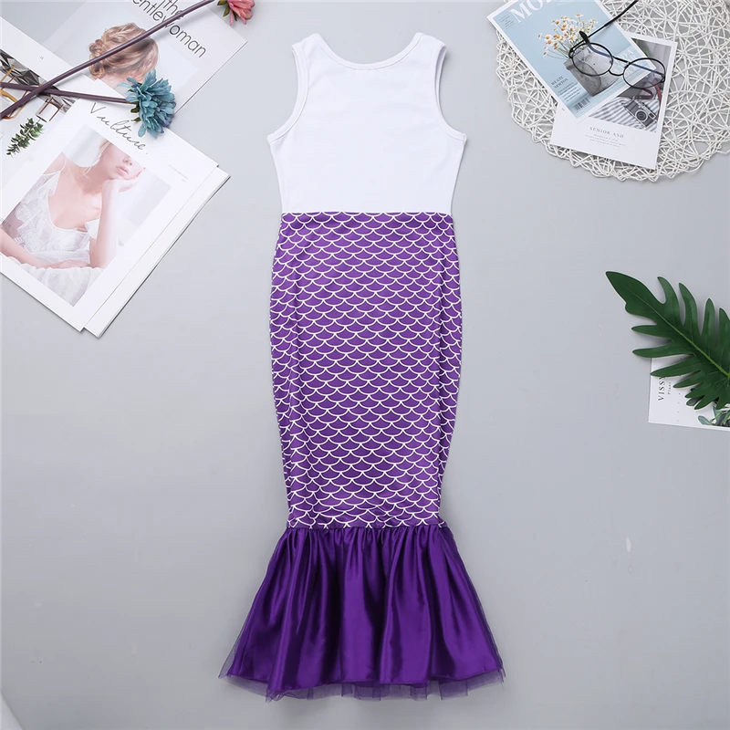 Kids Girls Cute Sleeveless Shell Mermaid Scales Printed Long Dress for Halloween Cosplay Party Costume | Детская одежда и обувь