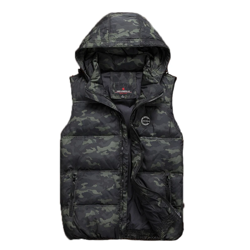 Мужская камуфляжная мешковатая жилетка на утином пуху с капюшоном молнии