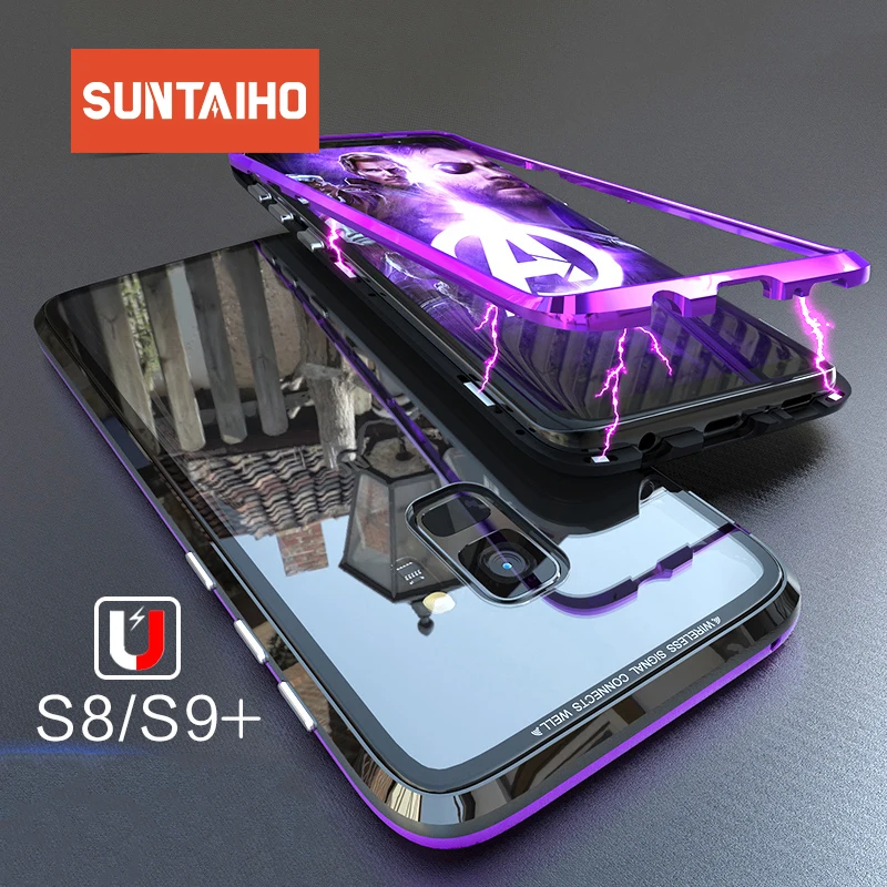 Suntaiho магнит металлический бампер для samsung Galaxy s9 s8 note9 Магнитный Адсорбция дело для samsung Galaxy S8 S9 закаленное Стекло сзади