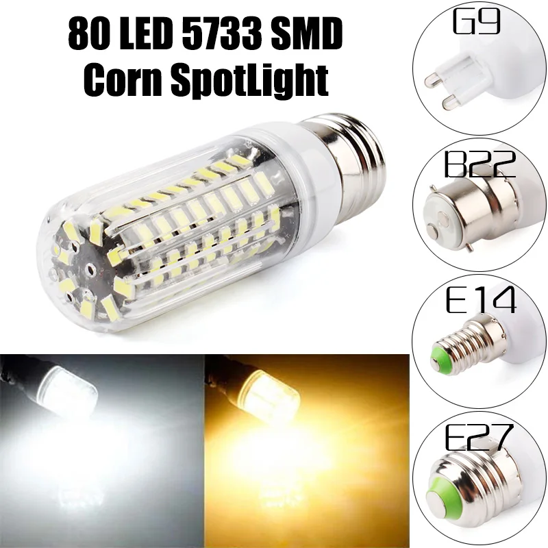 

G9 E14 E27 B22 80 светодиод 5733 SMD крышка Кукуруза Лампа освещения SportLight 220V 110V 5 шт./лот Бесплатная доставка