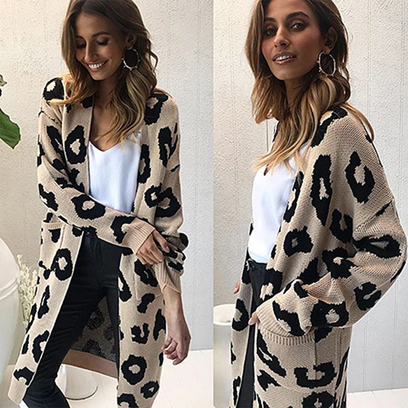 Leopard long cardigan women designer spring autumn winter sweater coat fashion warm sleeve knitted CDR551 |