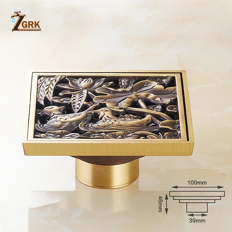 zgrk floor drains square 10cm shower drain brass floor drain trap waste grate with hair strainer bathroom shower accessories free global shipping