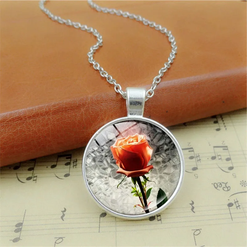 Beauty and The Beast Rose Photo Cabochon Glass Pendant Necklace Handmade DIY Jewelry Vintage Chain Women Gifts | Украшения и