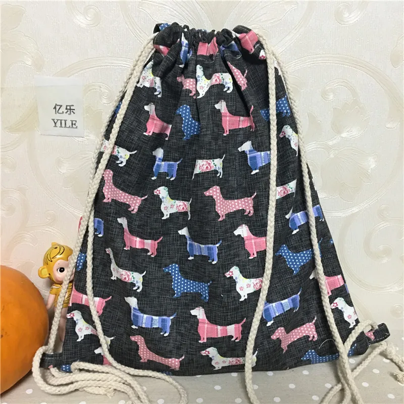 

YILE Cotton Canvas Drawstring Backpack Student Book Bag Printed Colorful Dog Black Base B322