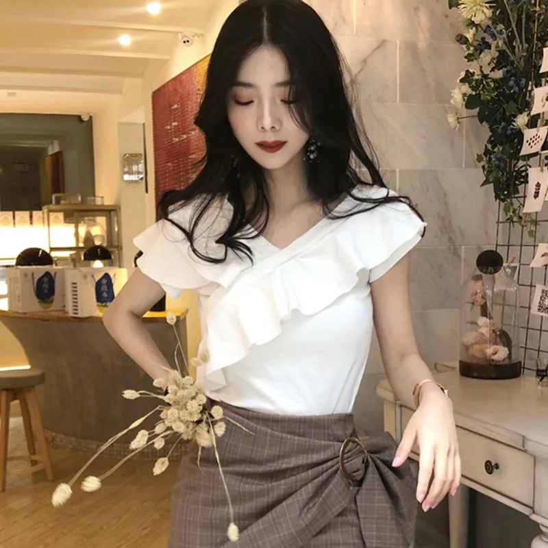 

Women Slash Neck Ruffle Tee Shirt Summer Top Solid Female Slim Fit Elegant Tops