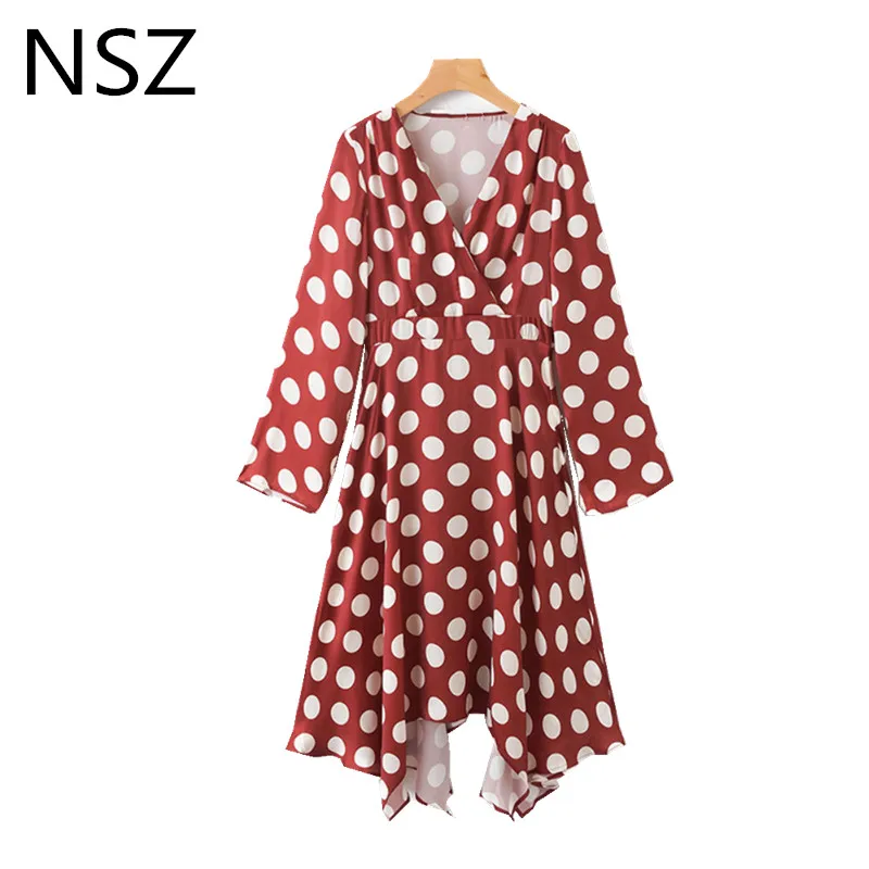 NSZ Для женщин в красный горошек печати асимметрия миди платье с длинным рукавом