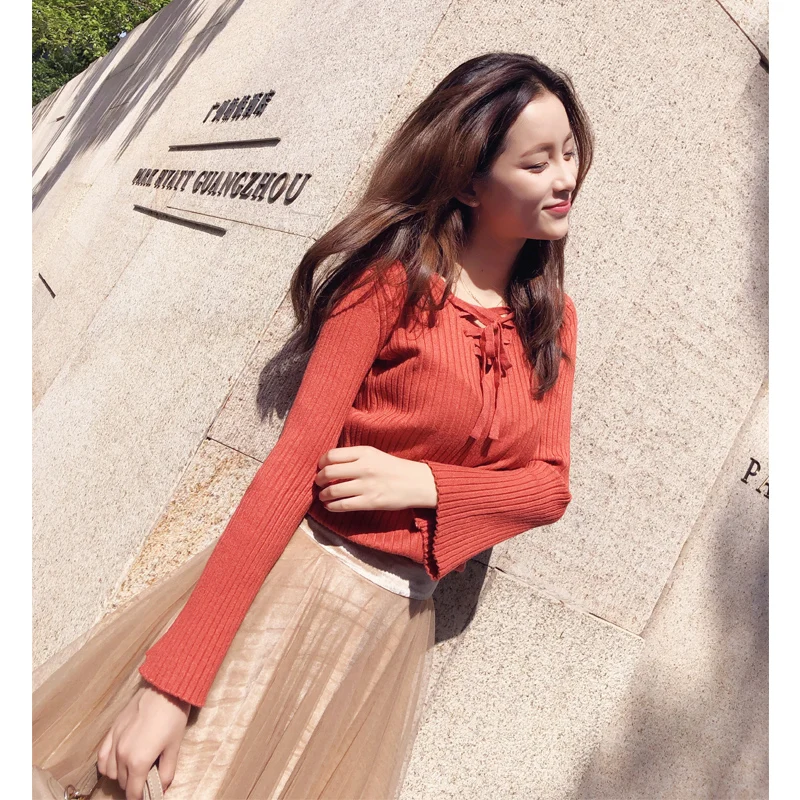 Sweater Pullover Female Autumn 2018 New Korean Edition Long Sleeve Slim Bottom Shirt Top Knitted Fashion MX17D5130 | Женская одежда