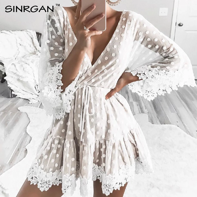 SINRGAN Women Deep V-neck Elastic Waist Lace Dress Female European Style Mesh Patchwork Leaky Back Dress Summer Half Sleeve Robe