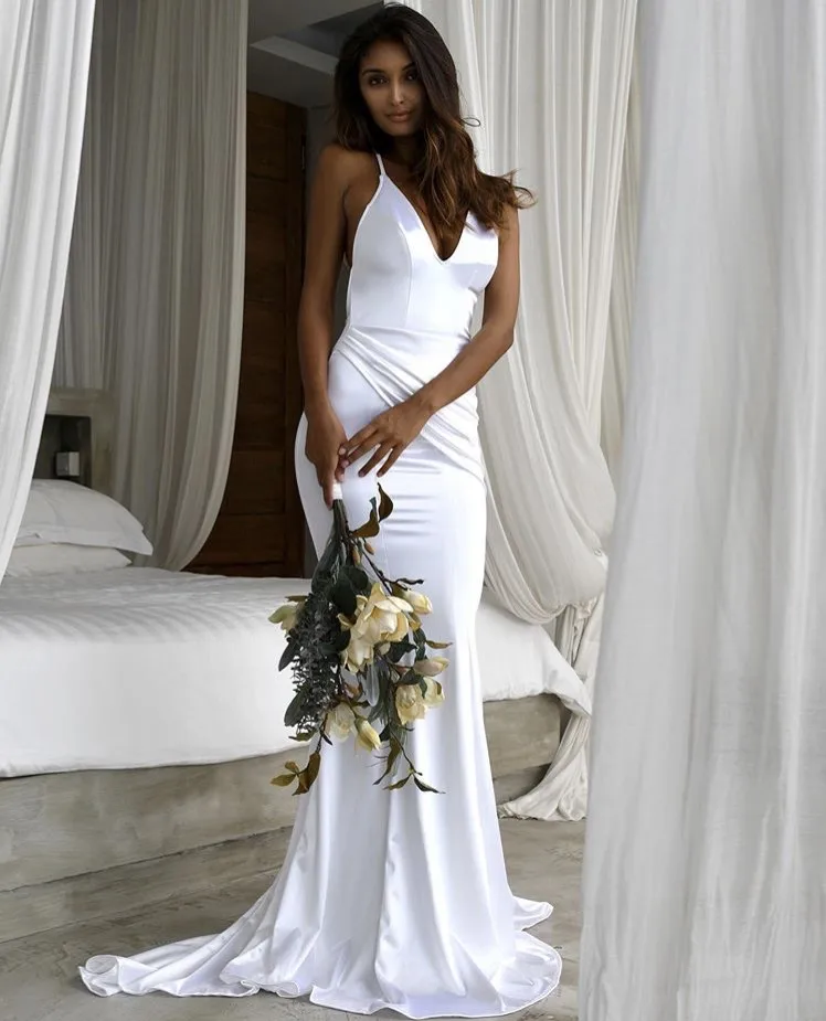 Cinderella White V-Neck Spaghetti Straps Satin Court Train Backless Mermaid Wedding Dresses Sexy Open Back Gowns | Свадьбы и