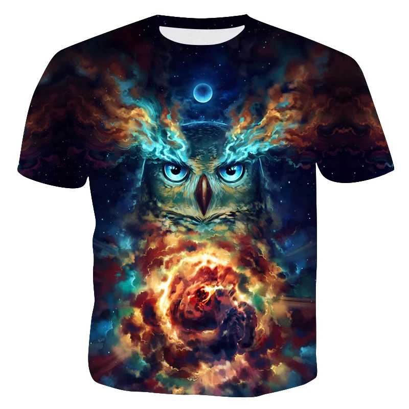 Summer Men's Clothing Fashion 3D Printed Short Sleeve T-shirt Hip Hop Owl Round Collar Top Quality Casual Мужская одежда