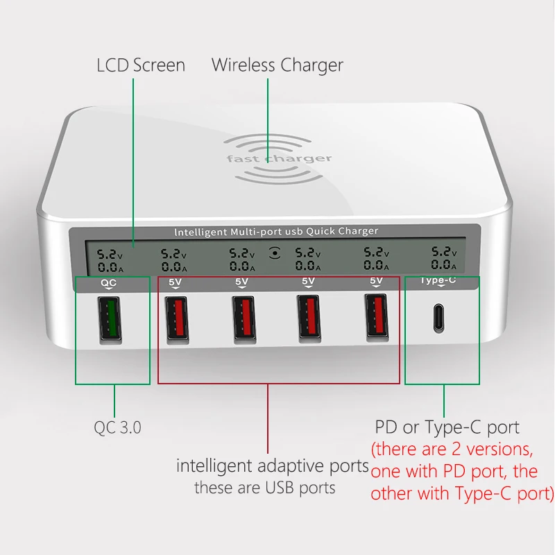 Desktop Smart Multi-port Hub Charging Station 10W Qi Wireless Fast Charger LCD Screen Quick Charge 3.0 USB Port PD | Мобильные