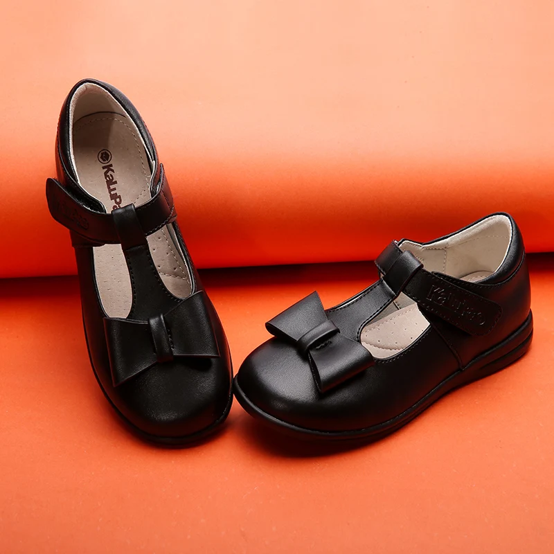 Kalupao/кожаная обувь для девочек с черным бантом осенняя нескользящая на плоской