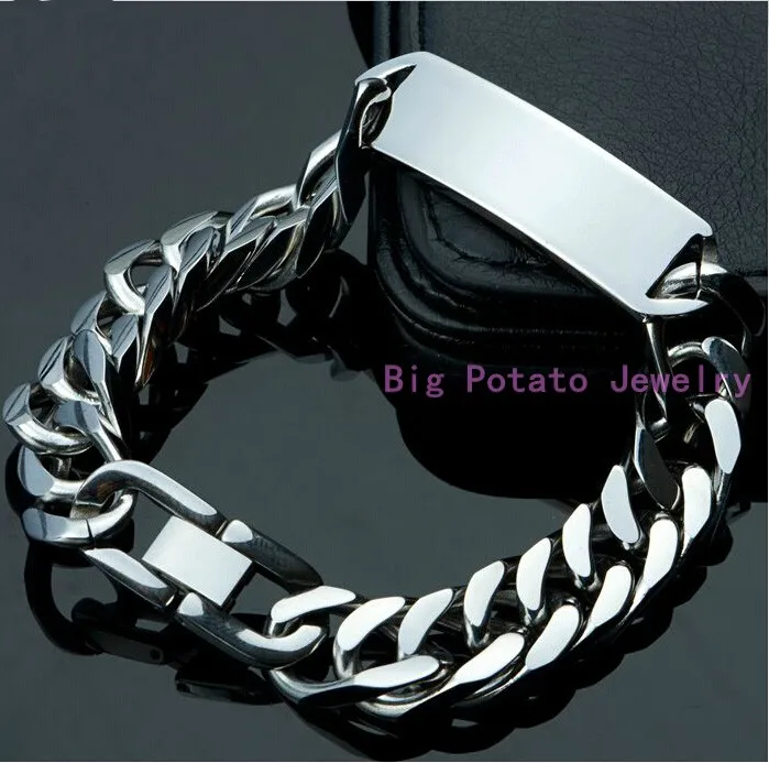 Silver Color Cuban Link Chain With ID 316L Stainless Steel Bracelet Bangle For Strong Mens Jewelry 22cm*15MM High Quality | Украшения и