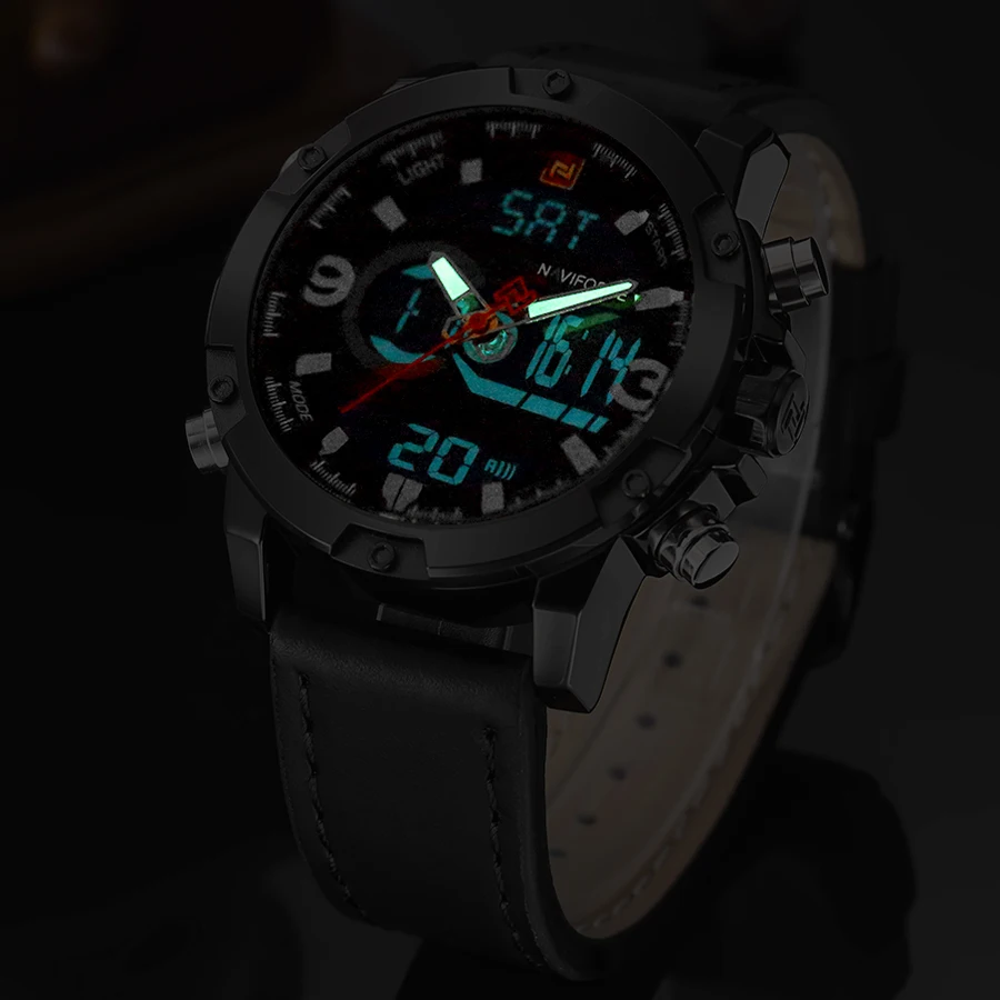 NAVIFORCE кожаные часы Мужские Аналоговые кварцевые наручные модные спортивные