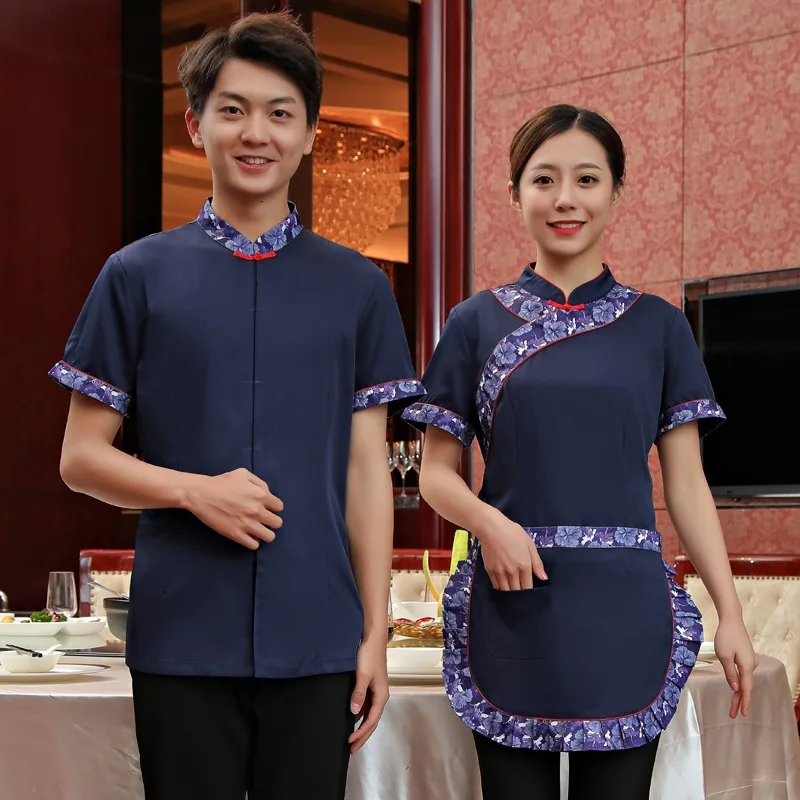 

Hotel Restaurant Waiter Uniforms Summer Outfit Female Hotpot Teahouse Short Sleeve Overalls Waiter Catering Workwear Uniform