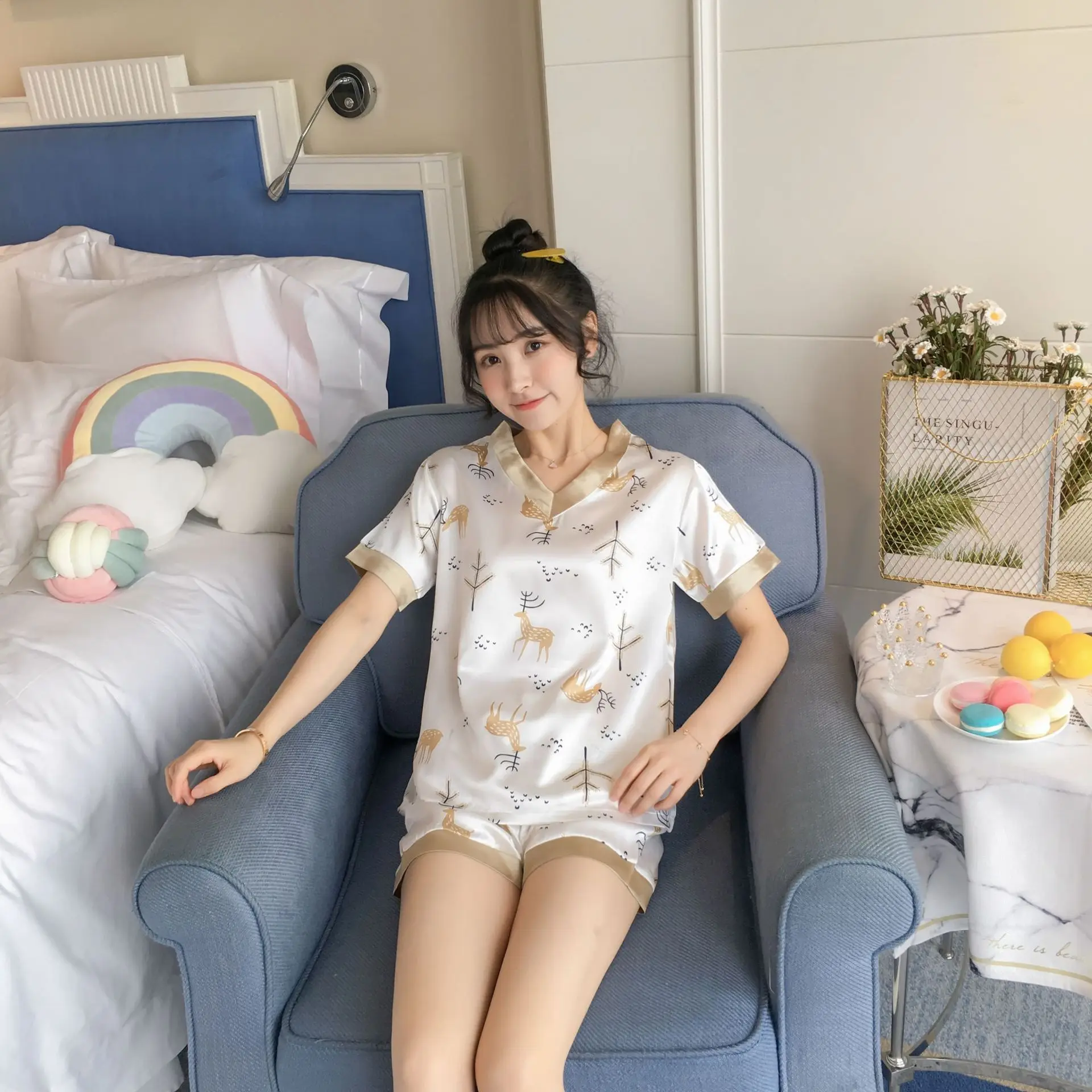 Pajama girls summer ice silk short sleeves two pieces of suit Korean fresh sweet lovely students thin silk home clothes