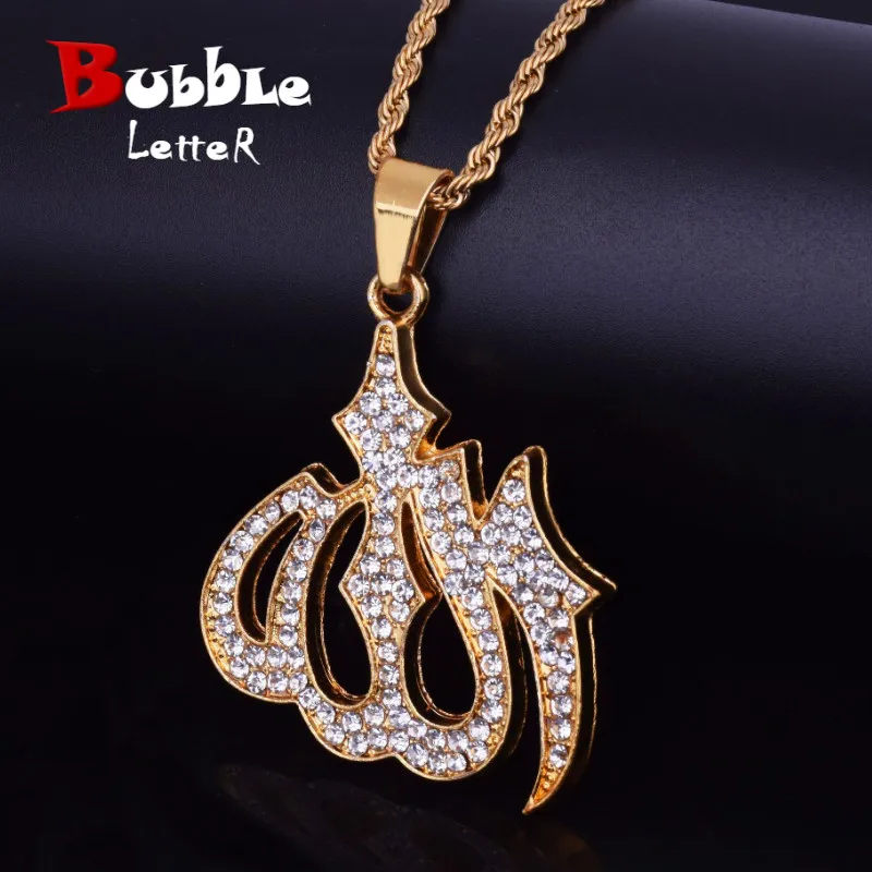 Религиозные мусульманские украшения хип хоп Стиль Золото Цвет Bling Кристалл исламский Аллах ожерелья и подвески для мужчин/для женщин