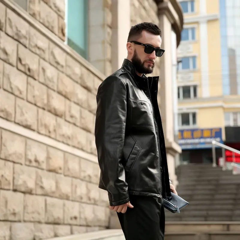 AMSIIKE 2017 Мужская Кожаная Куртка Воротник Стойка на Молнии и Клепках|chaqueta casual|chaqueta