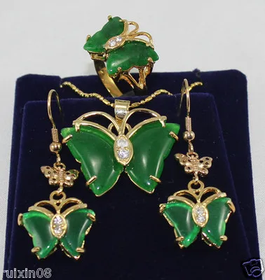 Красивый зеленый натуральный нефрит Ювелирный Комплект бабочка|butterfly jewelry set|jewelry
