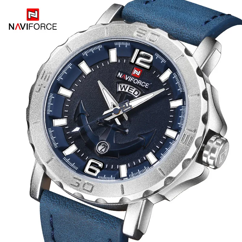 Naviforce Для мужчин Творческий Спортивные часы модные Элитный бренд часы Для мужчин кожа аналоговые кварцевые наручные часы Relogio Masculino - Цвет: Blue