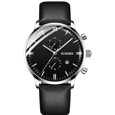 leather Black Мужские часы Switzerland BINGER лучший бренд класса люкс водонепроницаемые наручные часы Дата Простые повседневные кварцевые часы для мужчин спортивные часы - Цвет: leather Black
