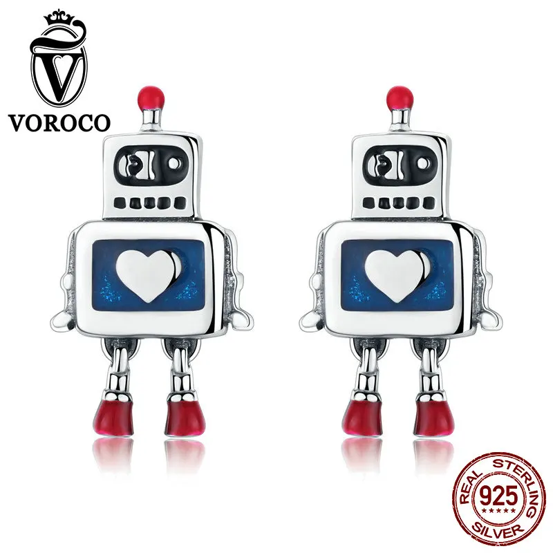 VOROCO, новинка, 925 пробы, серебряные серьги-гвоздики в виде сердца робота, милые детские серьги для девочек, Женские Ювелирные изделия, прекрасный подарок, BKE477