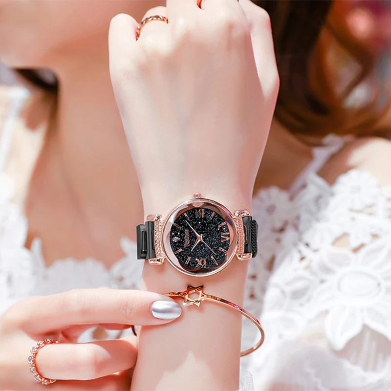 

Luxury Women Watches Fashion Starry Sky Ladies Quartz Clock 2021 Flower Magnetic Mesh Waterproof Female Wristwatch Drop Shipping