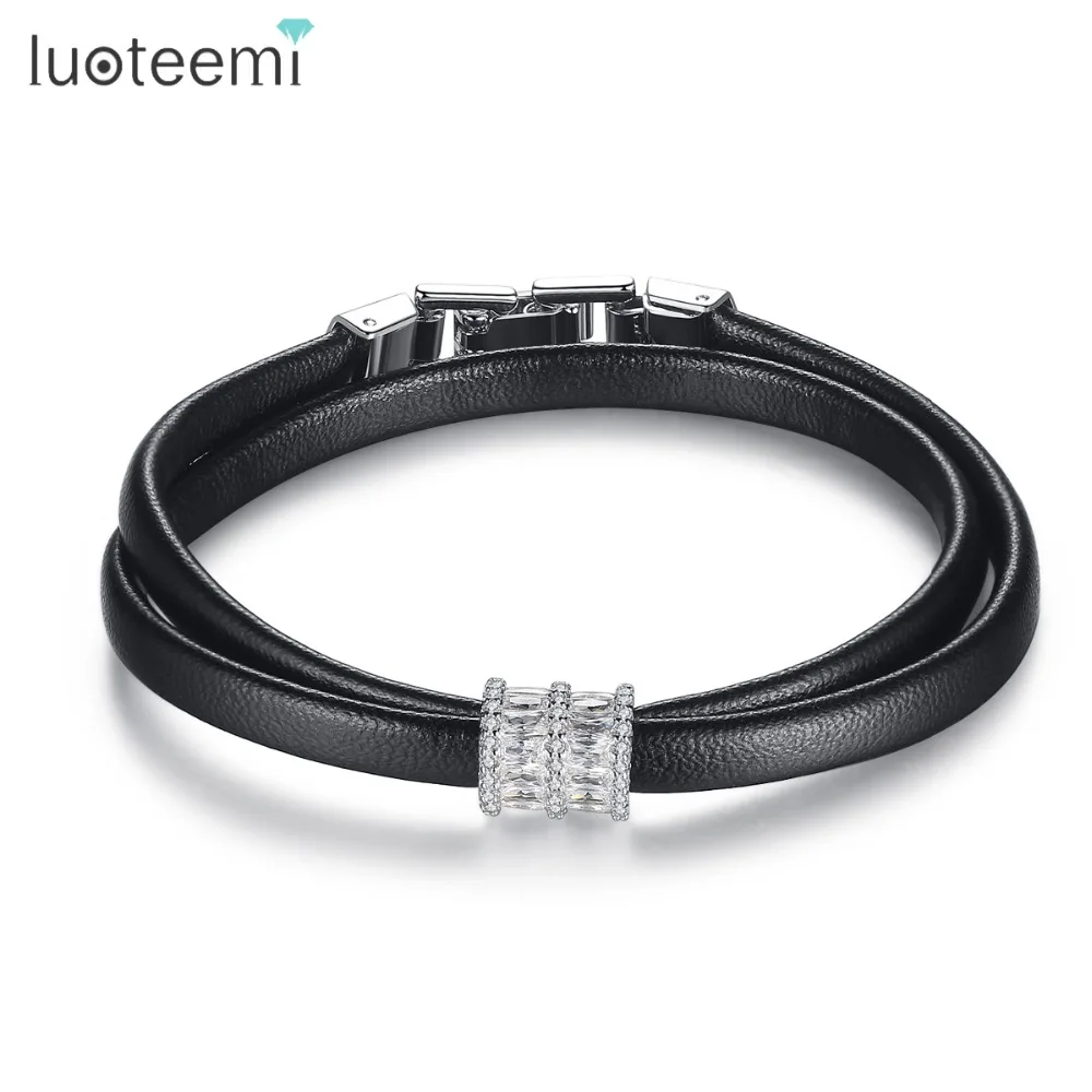 Luoteemi 2017 Новая мода белого золота Цвет Циркон Шарм Бусины и бисер черный кожаный