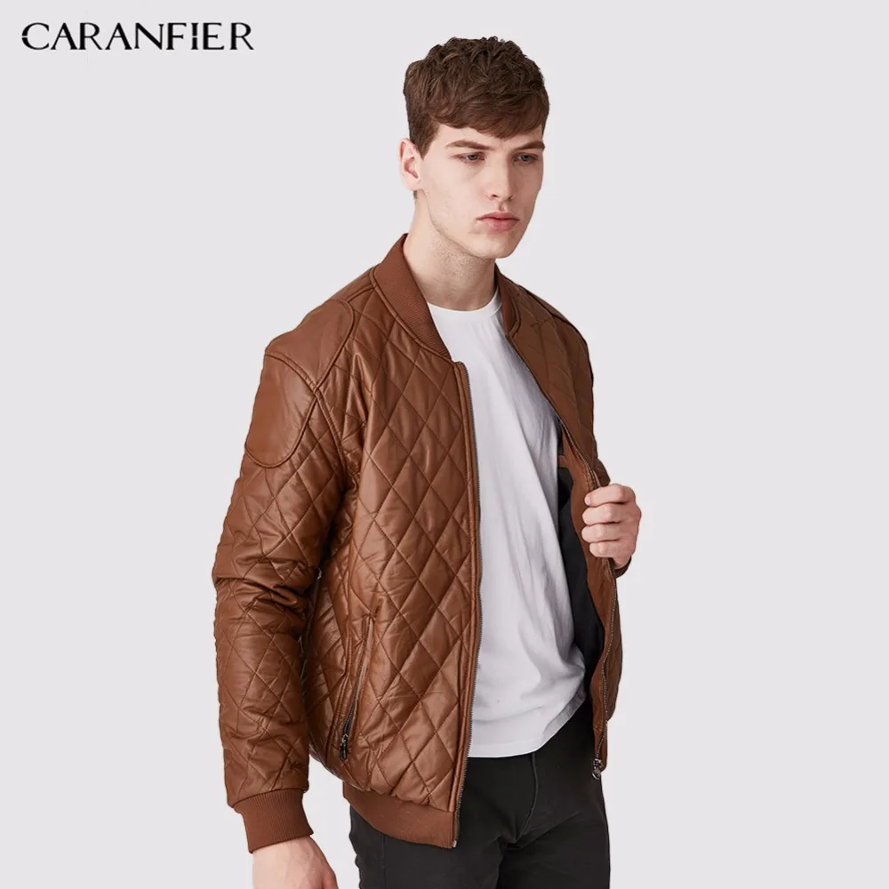 CARANFIER Новая мужская кожаная куртка высокого качества Клетчатая Мужская мода