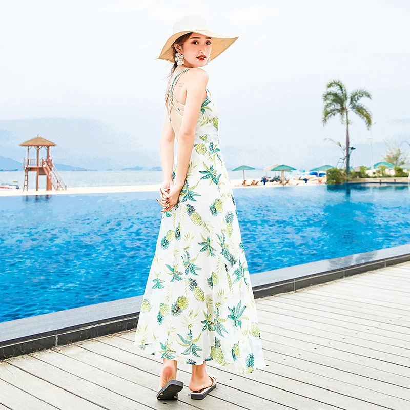 Летнее пляжное платье с v образным вырезом и открытой спиной шифоновое НА ШЛЕЙКАХ