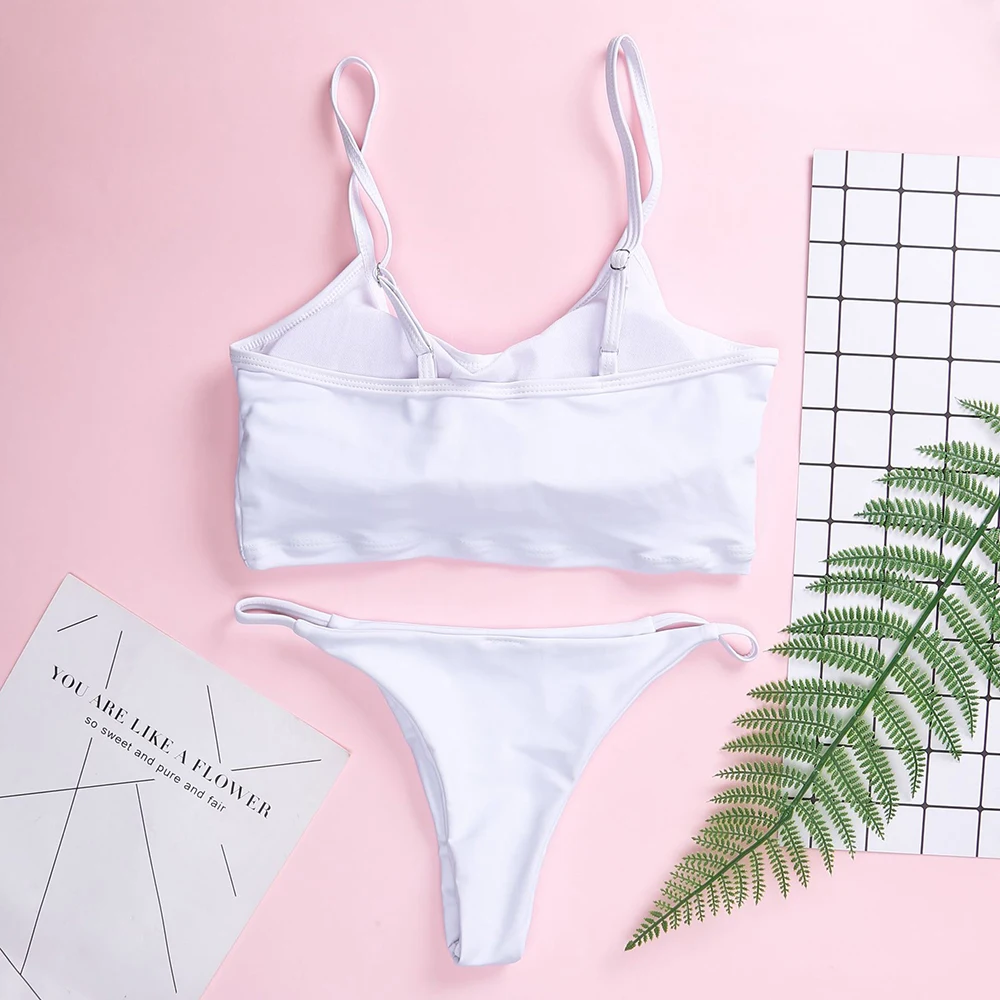 Женский купальник сексуальный бикини однотонный белый купальный костюм