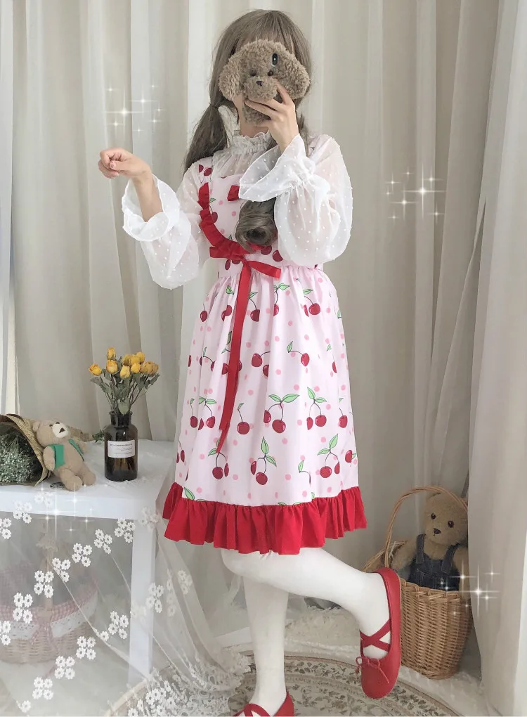 JSK/летнее милое платье-комбинация с клубникой; розовое платье в стиле Лолиты; розовое платье на бретельках с оборками и рисунком вишни; блузка