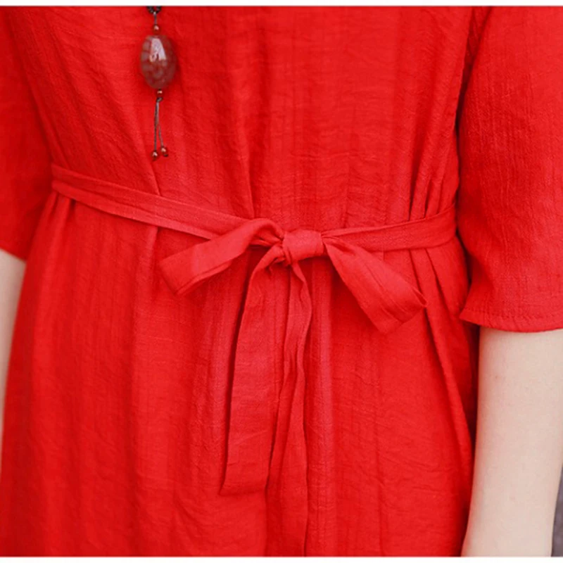 

Women V-neck Dress 2018 summer plus size Casual Half Sleeve Pullover Loose Robe Cotton linen Women long red white Dresses QH1310