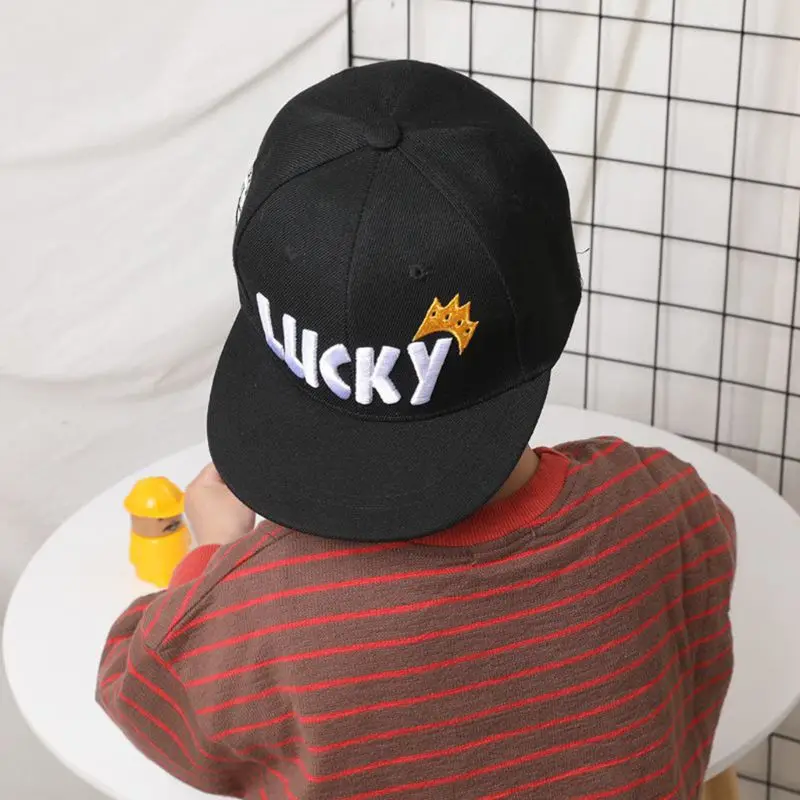 Child Kids Lucky Letter Crown Embroidery Baseball Cap Cartoon Hip-Hop Wide Flat Bill Sunscreen Adjustable Snapback Sun Hat 2-8T