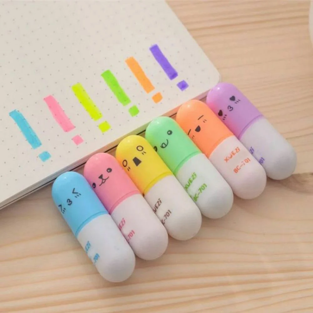 

6Pcs/set Mini Smiling Face Pill Highlighter Lovely Cartoon Painting Pen Marking Pens Students Learn Stationery School Supplies