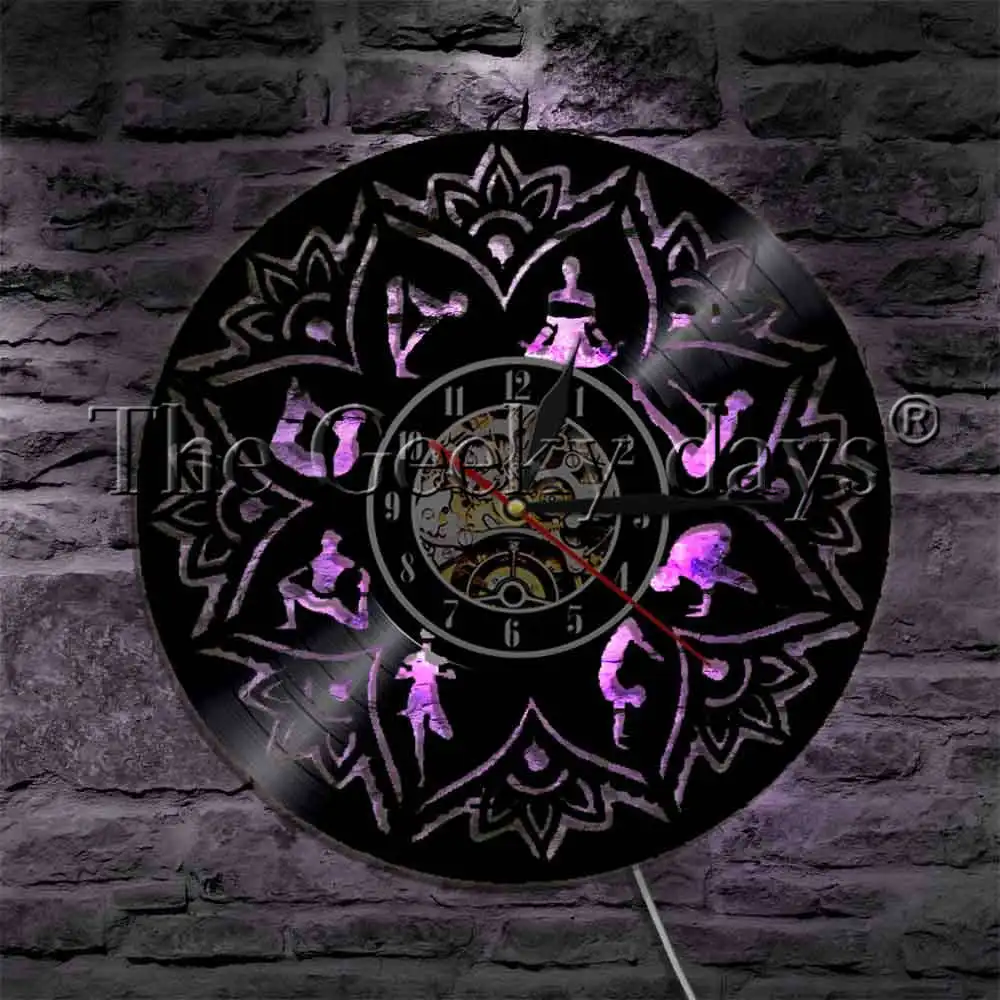 Мандала Лотос Йога силуэт виниловых пластинок настенные часы с Цвет изменения