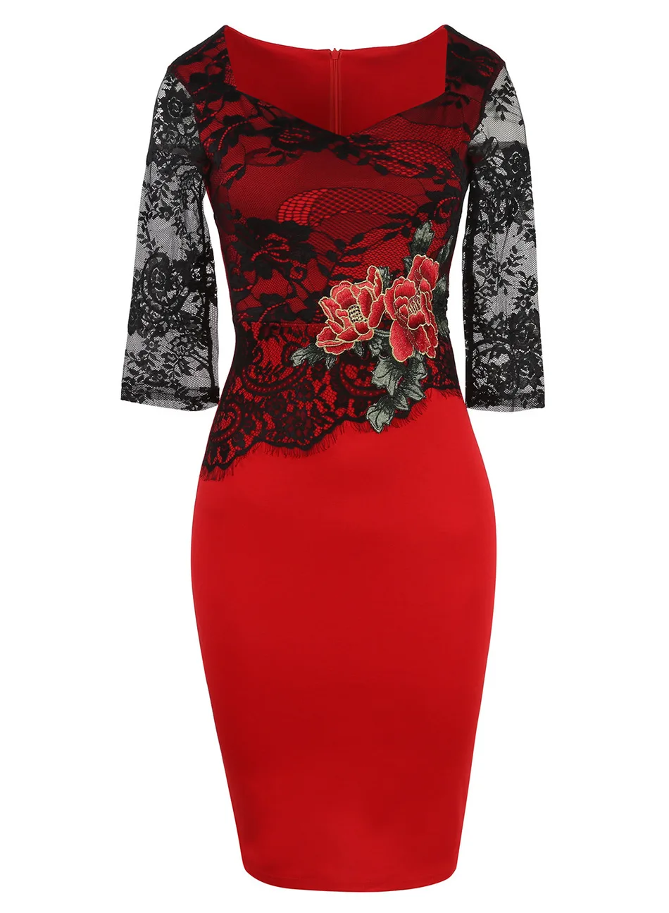 Show Slim Women Vintage Sexy Floral Red Lace Party Dress Elegant Bodycon Three Quarter Patchwork Clothing Female | Женская одежда
