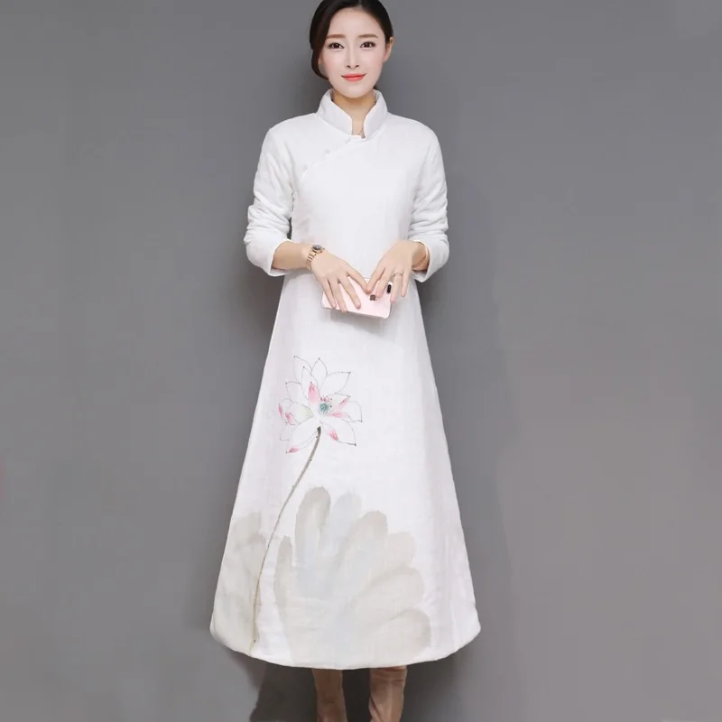Dress Chinese Style Winter Dresses Women 2019 White Ink Painting Warm Quilted Cheongsam Retro National Ladies TA1259 | Тематическая