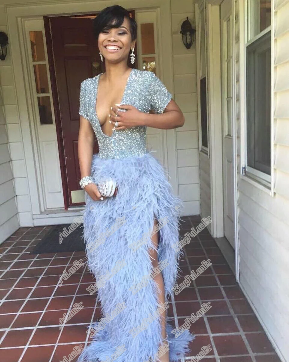 Luxury Straight Blue Feathers Skirt Beaded Sequins Top Sexy Short Sleeve Cutout Prom Dresses vestido de festa Evening Party Gown