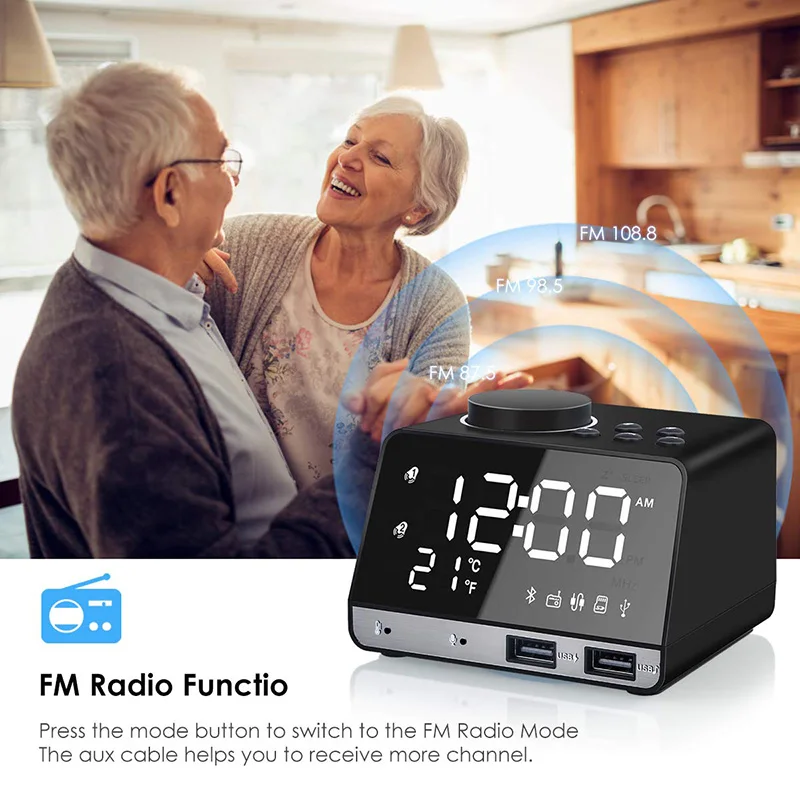 Будильник с usb зарядным устройством Цифровой Радио для спальни FM Bluetooth динамик