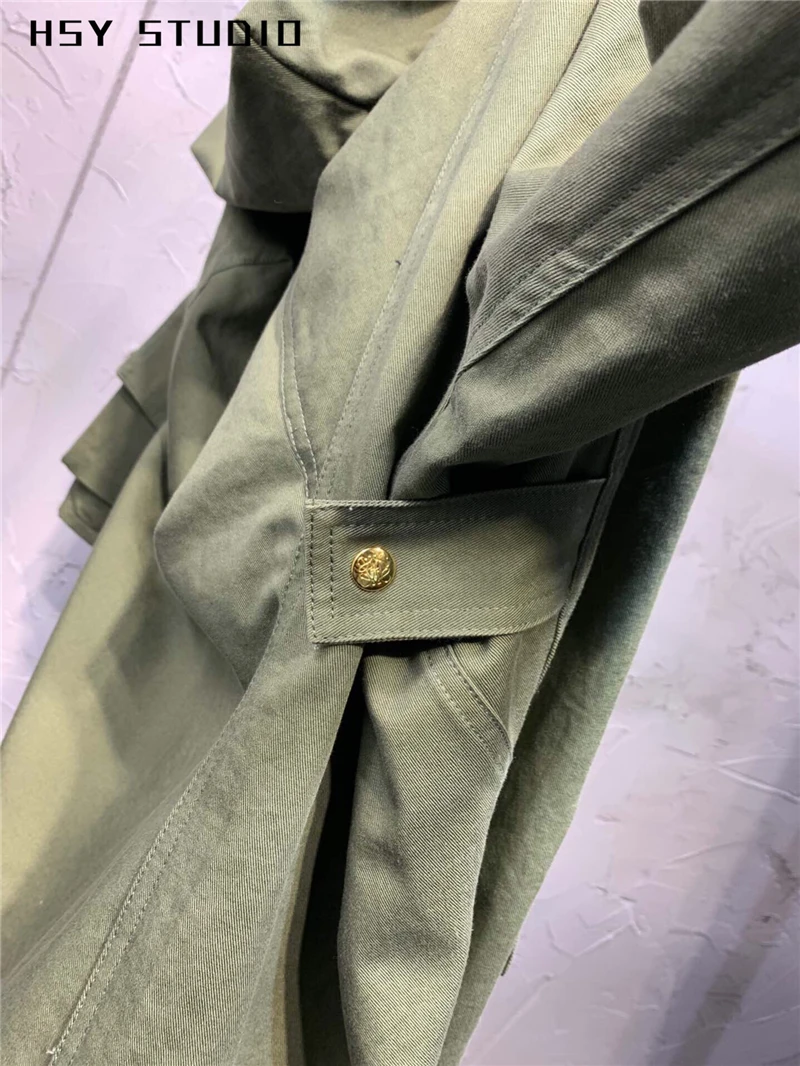 【HSY studo】2019 осенний Новый тренд мешковатый армейский зеленый Женский Тренч