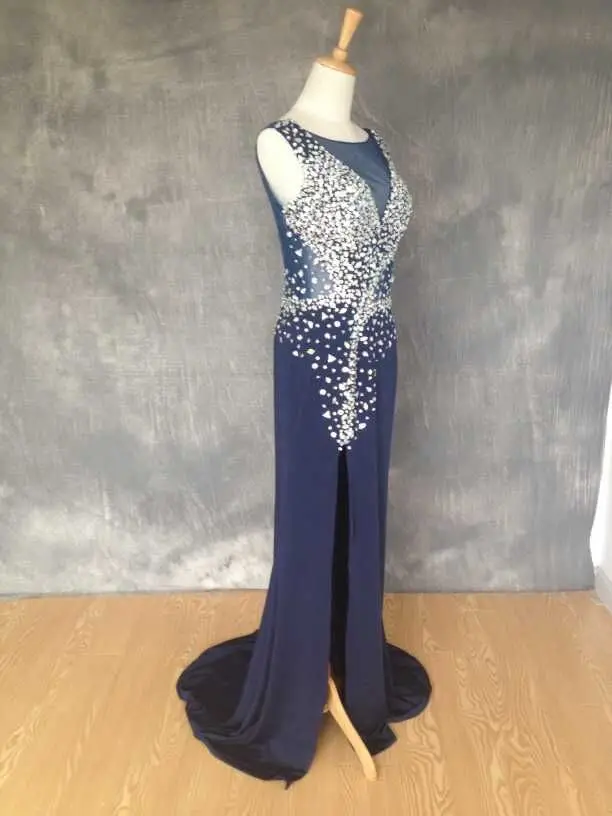 2015 vestido de formatura темно синий пикантный Разделение бисерное платье для выпускного