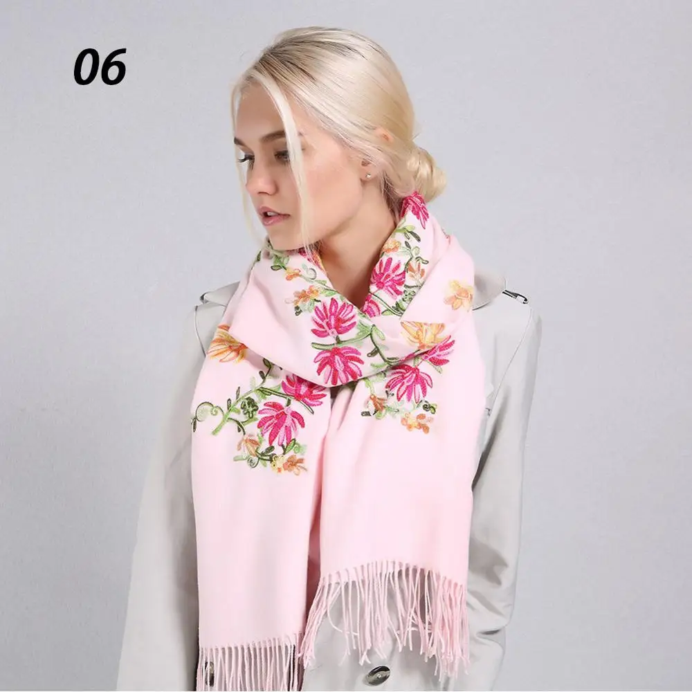 06 Pink Sparsil, женские зимние кашемировые шарфы с вышитыми цветами и кисточками, шали, длинные, большие размеры, 200*70 см, женские шали из пашмины, элегантный шарф - Цвет: 06 Pink