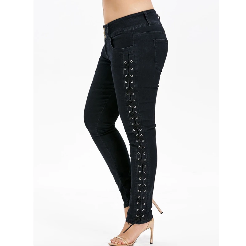SexeMara узкие середине талии карандаш брюки джинсы по бокам Criss Cross Soild Chic