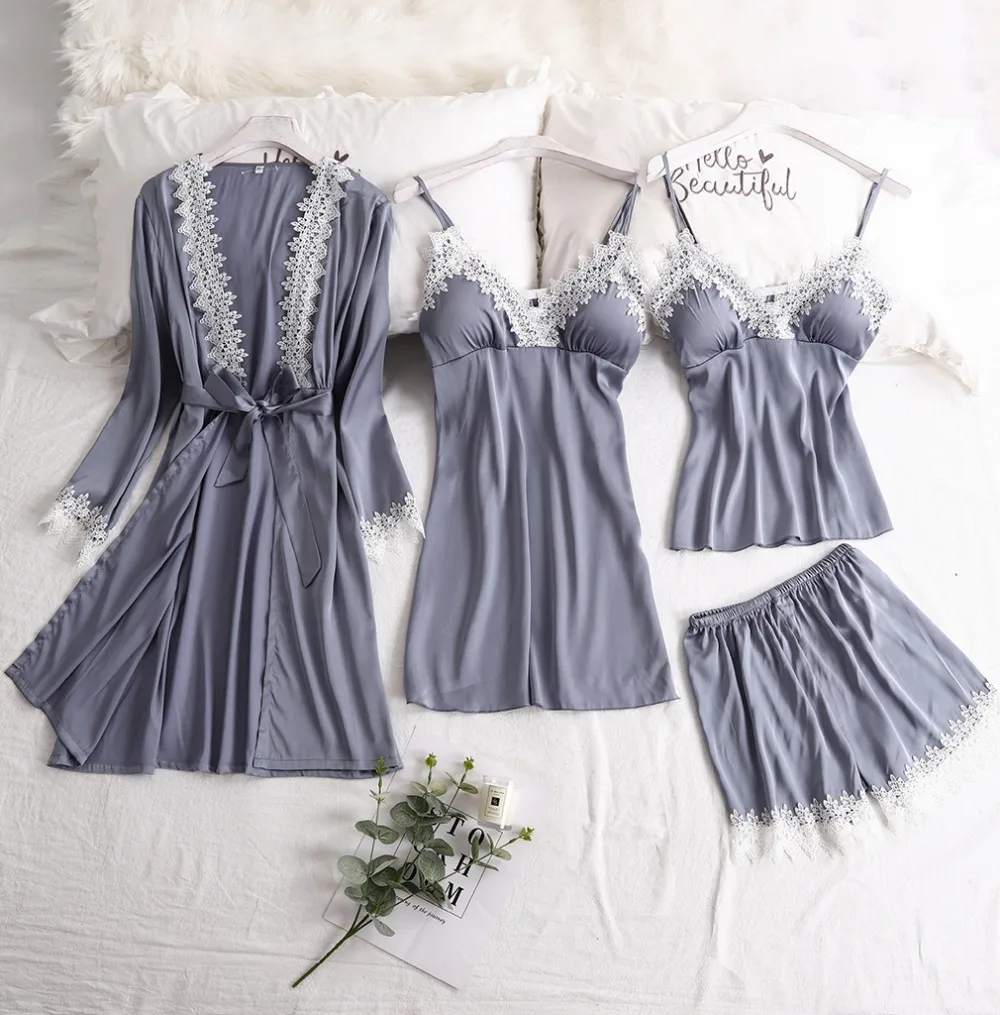 Женский пижамный комплект из 4 предметов пижама искусственного шелка с кружевной