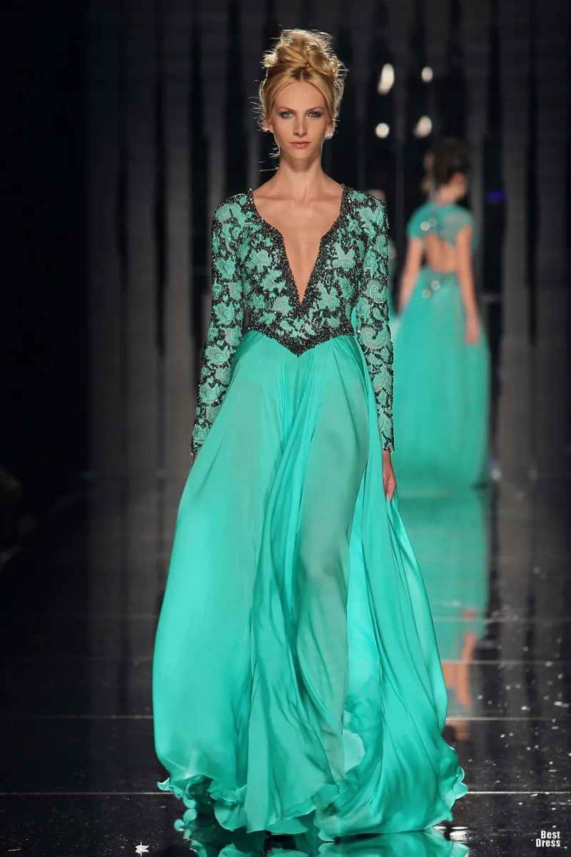 Abed Mahfouz Turkey Kaftan Long Sleeves V Neck Beaded Green Evening Dresses 2013 New Arrival Chiffon Prom BO1831 | Свадьбы и