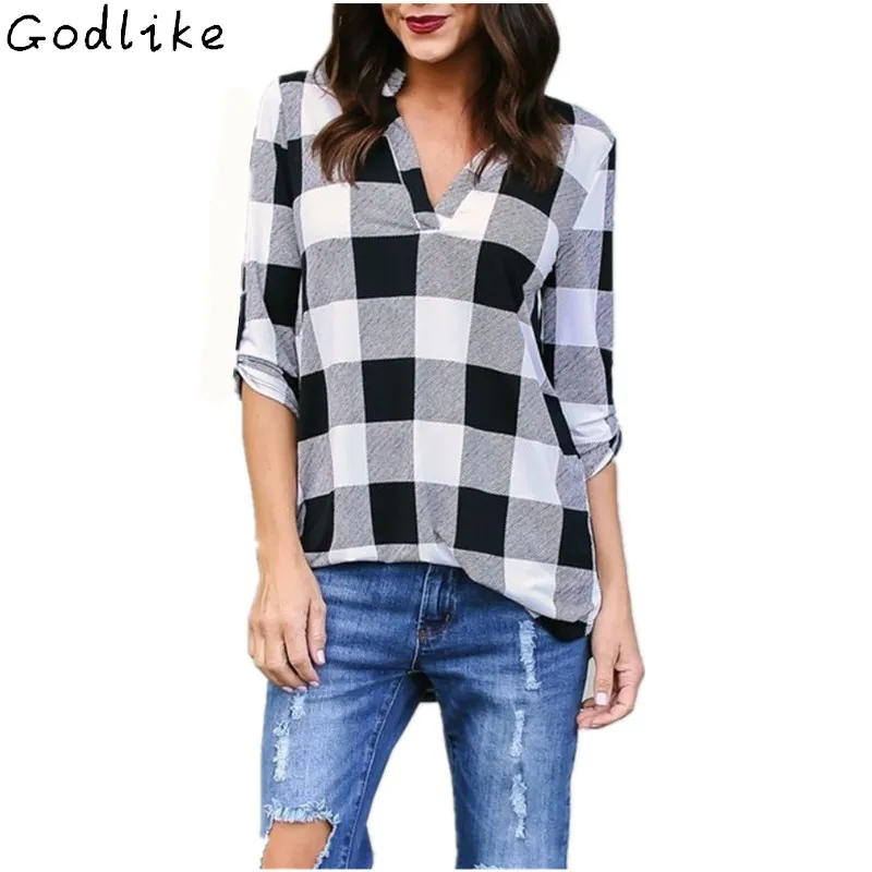 New fashion classic plaid printed v-neck long sleeve blouse with sleeves in spring 2018./Ladies business casual shirt. |