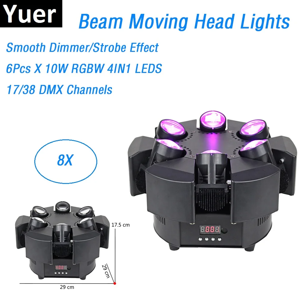 8Pcs Smart Beam 6X10W RGBW 4IN1 LED Moving Head Lights DMX 17/38 Channels Professional Stage Light Dj Shows Equipments | Лампы и